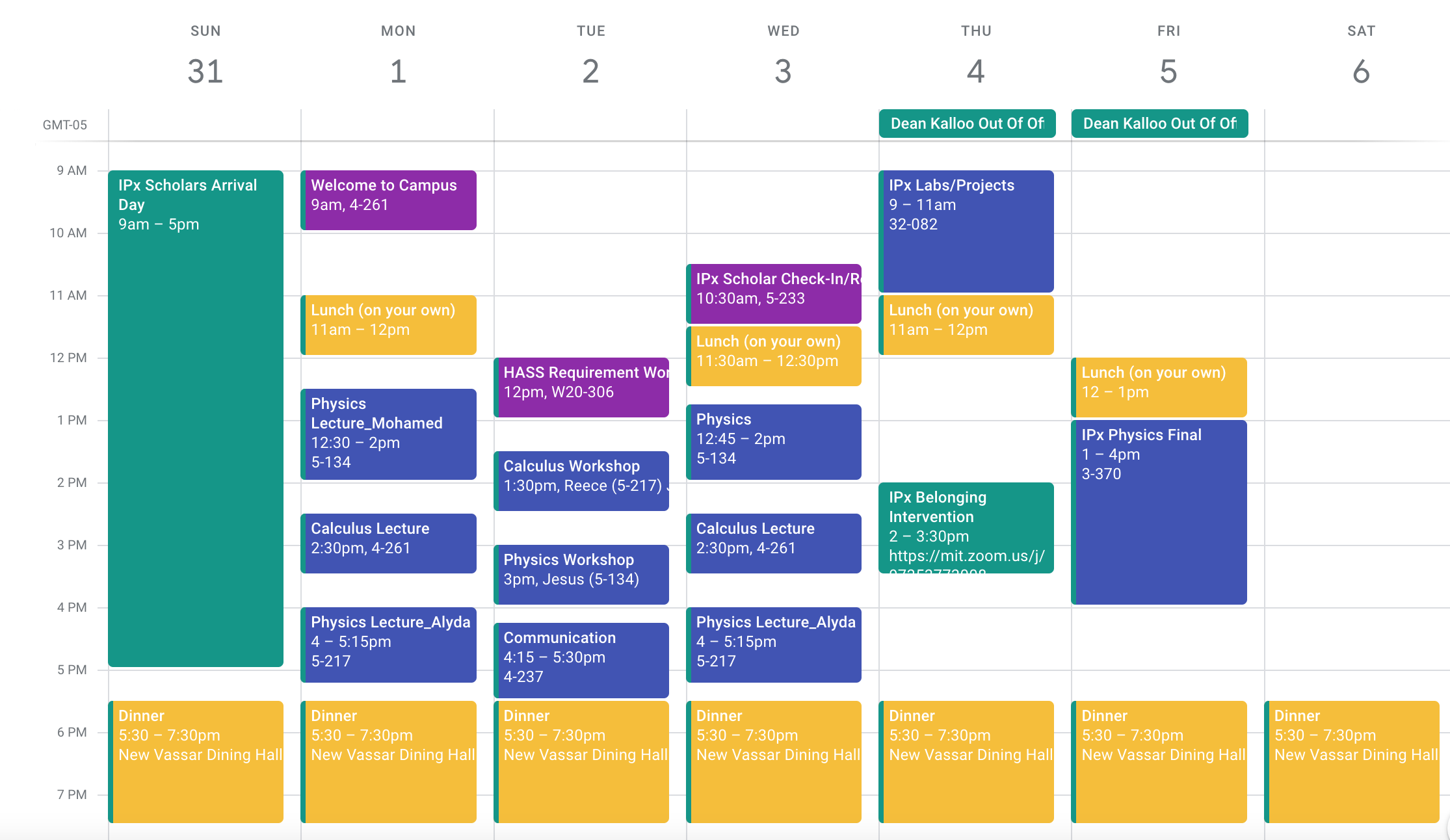 IPX schedule for when they are on campus